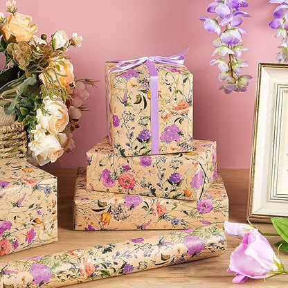 WRAPAHOLIC Kraft Floral Wrapping Paper Roll - Mini Roll - 17 Inch x 16.5 Feet - Garden Wildflower Wrapping Paper Perfect for Girls Women Birthday, Wedding, Bridal Shower
