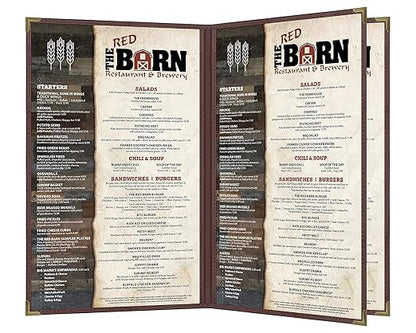 Goodsmart Pajco Style Restaurant Menu Covers – Pack of 10, Side-Loading Menu Holders, Single Stitched Edge, Clear Vinyl Menu Sleeves, Leatherette Trim, Gold Corners, Burgundy, 4 View (8.5" x 14")