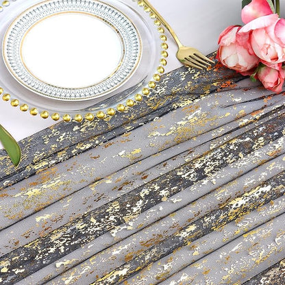LOMOHOO 10 Ft Black Table Runner, Black Sheer Sequin Table Runners 120 Inches Long Glitter Metallic Foil Lace Fabric Table Decor for Birthday Party Wedding Anniversary Centerpiece (1pcs)
