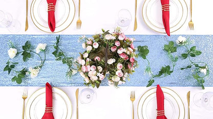 Sequin Table Runners 2 Pieces Baby Blue Table Runners 12x72 Inch Glitter Dining Table Cover for Party Wedding Birthday Reception Banquet Decoration Spring Party Chair Sashes