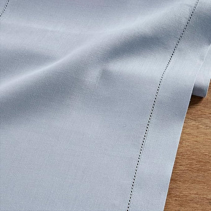 Solino Home Linen Table Runner 120 Inches Long - 100% Pure Linen Dusty Blue Table Runner 14 x 120 Inch for Fall, Autumn, Thanksgiving - Classic Hemstitch