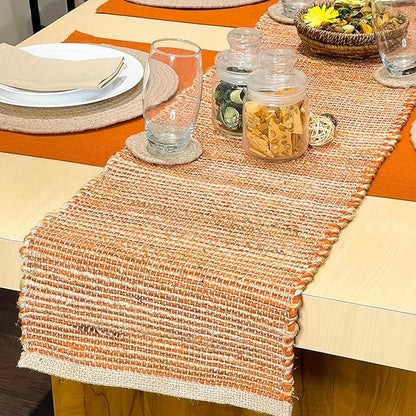 Chardin home Natural Jute Table Runner 13x36 Inch – Vintage Boho Rustic Table Decor – Handwoven Table Runner in Natural Jute and Rust Orange – Farmhouse Dining or Console Table Accent