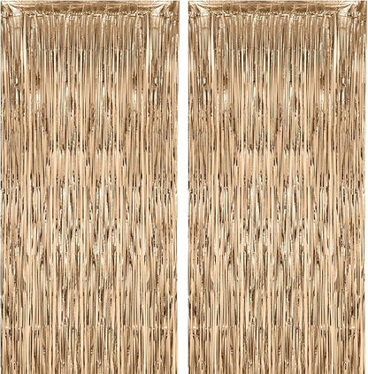 2 Pack Champagne Foil Fringe Backdrop Curtains, Tinsel Streamers Birthday Party Decorations, Fringe Backdrop for Graduation, Baby Shower, Gender Reveal, Disco Party