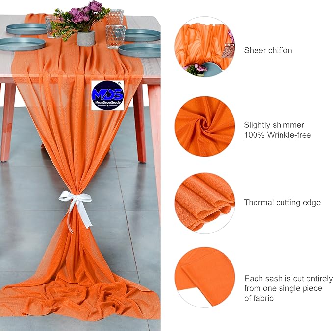 MDS 2 Pack 10ft Chiffon Table Runner 29 x 120 Inches Sheer Wedding Runner Romantic Rustic Table Runner for Wedding Decorations, Birthday Parties, Bridal Shower Party Arch Decor - Orange