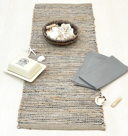 Chardin home Natural Jute Table Runner 13x36 Inch – Vintage Boho Rustic Table Decor – Handwoven Table Runner in Natural Jute and Grey – Farmhouse Dining or Console Table Accent
