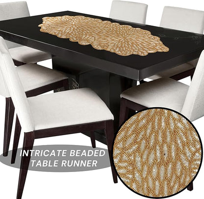 Metallic Bead Table Runner 13x36 Inches - Glass Beaded & Polyester Handcrafted Nautical Decor for Weddings, Christmas & Home Gatherings - Stain Resistant Dining Décor Accent (Gold) - CLEENTABLE