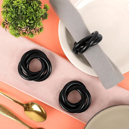 Three Ring Wooden Napkin Rings Set of 12 - Acacia Wood Interlocked Napkin Holder Cuffs for Dinner Table Décor - Rustic Modern Serviette Rings for Weddings, Parties, Receptions (Black) - CLEENTABLE