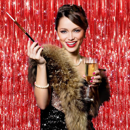 2Pack Red Foil Fringe Curtain, Glitter Red Metallic Tinsel Foil Fringe Curtains Photo Booth Backdrop for Birthday Party, Door Streamers for Wedding Bridal Shower Bachelorette Xmas Party Decorations