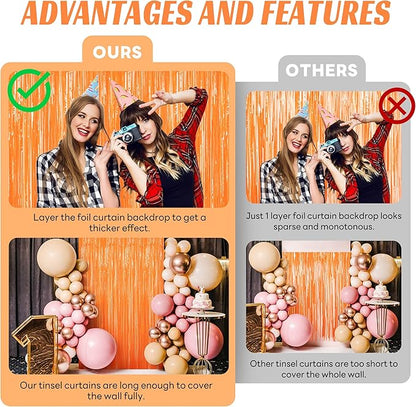 BTSD-home Orange Foil Fringe Curtain, Metallic Photo Booth Backdrop Tinsel Door Curtains for Wedding Birthday Bridal Shower Baby Shower Bachelorette Christmas Party Decorations(4 Pack, 8ft x 3ft)