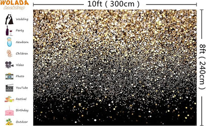 WOLADA Black and Gold Backdrop Golden Glitter Backdrop for Photography Wedding Birthday Baby Shower Party Photo Studio 10x8FT 11176
