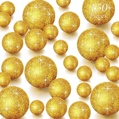 150 Pieces Vase Filler Faux Pearls Vase Makeup Beads No Hole Gloss Bead Mixed Sizes Round Pearl for Home Party Wedding Decor, 8/14/20 mm(Glitter Gold)