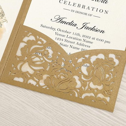 DORIS HOME 50pcs Laser Cut Quinceanera Invitations Gold, 4.7x7.1 Personalized Quince Invitations for 15th Birthday, Invitation cards for Sweet 16 with Envelopes