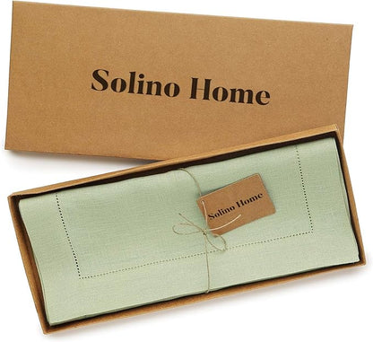 Solino Home Linen Table Runner 48 Inches - 100% Pure Linen Sage Green Hemstitch Table Runner 14 x 48 Inch Ideal for Dresser and Coffee Tables - Fall, Thanksgiving, Christmas - Classic Hemstitch