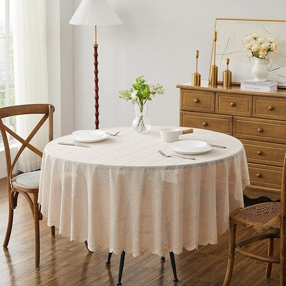 LinenZone Lace Round Tablecloth with Elegant Scalloped Bottom for Any Special Event Such as Wedding, Birthday Party, Baby Shower, Anniversary. Sits 6 to 8 People. (Linda 90 Round, Linen)