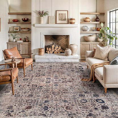 Bloom Rugs Washable Non-Slip 9' x 12' Rug - Light Tan/Blue Traditional Oriental Area Rug for Living Room, Bedroom, Dining Room, and Kitchen - Exact Size: 9' x 12'