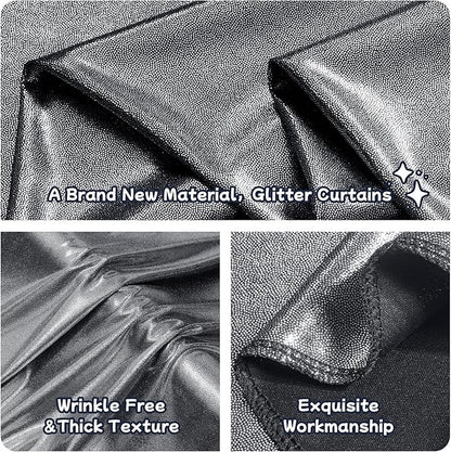 20ftx10ft Black Silver Glitter Sequin Backdrop Curtain for Parties, Wrinkle Free Sparking Backdrop Drapes, 4 Panels 5x10ft Shimmer Photo Back Drop Cloth for Wedding Birthday Photography
