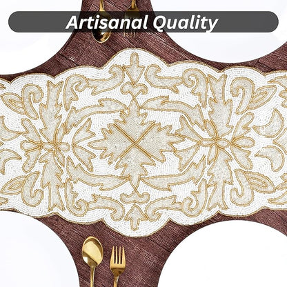Beaded Table Runner 13 x 36 Inches - Elegant Dining Table Centerpiece with Glass Beads & Polyester Back, Handmade Decorative Runner for Weddings, Parties & Holiday Décor (White & Gold) - CLEENTABLE