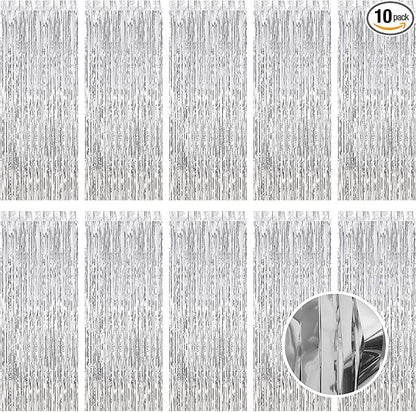 10 Pack Silver Foil Curtain Backdrop 3.2ft x 9.8ft Metallic Tinsel Foil Fringe Curtains Streamer Photo Booth Backdrop for Birthday Party Engagement Bachelorette Party Decorations (Silver)
