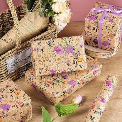 WRAPAHOLIC Kraft Floral Wrapping Paper Roll - Mini Roll - 17 Inch x 16.5 Feet - Garden Wildflower Wrapping Paper Perfect for Girls Women Birthday, Wedding, Bridal Shower