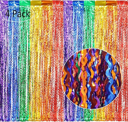 4 Pack Wavy Rainbow Foil Fringe Curtains - Colorful Party Decorations 3.3x6.6ft Tinsel Metallic Streamers Holiday Photo Booth Props Backdrop for Birthday Wedding Engagement