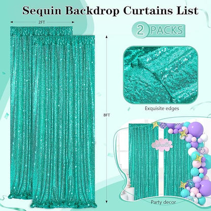Mermaid Sequin Photo Backdrop Decor: Lake Green Glitter Background 2 Panels 2FT x 8FT for Ocean Party Baby Shower