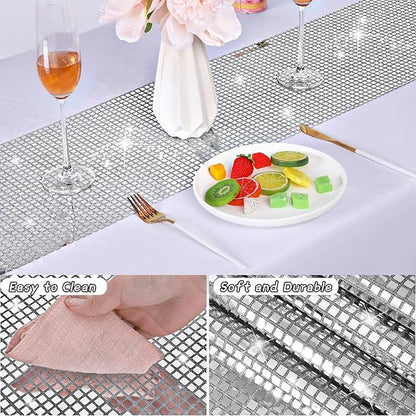 Durony Disco Table Runner 11 x 108 Inch - Mirror Silver Glitter Foil With Sparkle Sequin for Bachelorette, 70s, Cowgirl Party Decorations