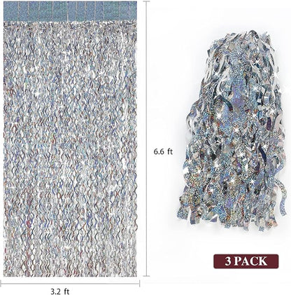 Silver Tinsel Backdrop- CYLMFC 3 Pack 3.3 ft x 6.6 ft Streamer Foil Fringe Curtain for Birthday Party Christmas Graduation Decor