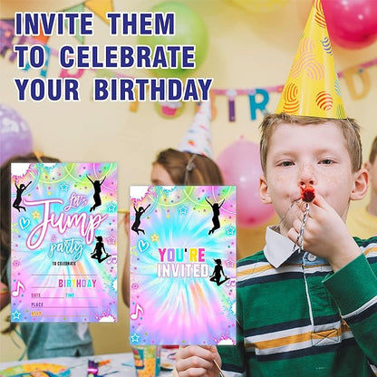 Tie Dye Trampoline Birthday Invitations,Let's Jump! Birthday Party Invite Cards（20 Count) With Envelopes, Fill In Style Invite Cards For Boys & Girls, Birthday Party Supplies-B06