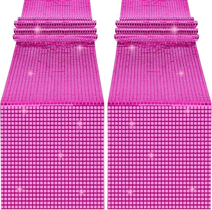 Durony 2 Pack Disco Table Runner 11 x 108 Inch Mirror Hot Pink Glitter Foil With Sparkle Sequin for Bachelorette, 70s, Cowgirl Party Decorations