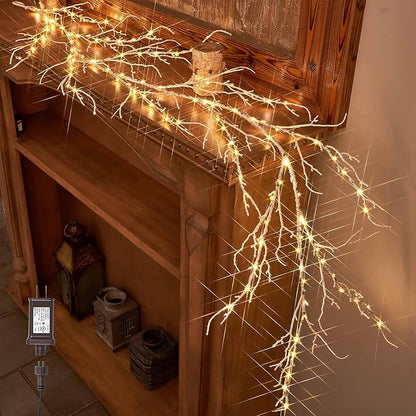 LITBLOOM Birch Garland with Lights 6FT 120 Fairy Lights Plug in, Lighted White Twig Vine Garland for Home Mantle Wall Christmas Decoration Inside Outside