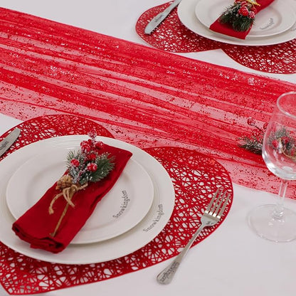 Snowkingdom Red Christmas Table Runner 10 FT, Glitter Metallic Foil Sheer Tulle Cheesecloth Gauze Runner 120 Inch, Red Table Centerpieces Decoration for Wedding Birthday Party Holiday
