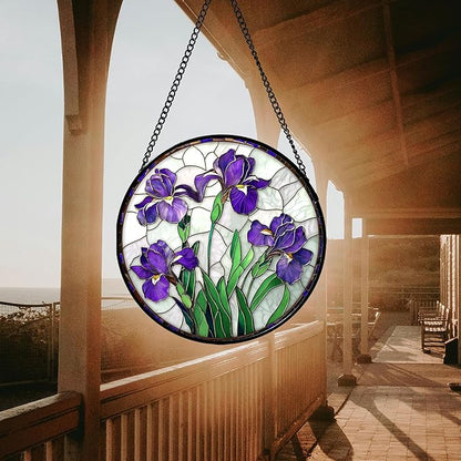 Stained Glass Window Hanging - Purple Iris Flower Sun Catcher for Door Terrace Garden Home Decor, Green Plants Suncatcher Birthday Gifts for Lovers Women Men Dad Mom Nana 7.8 in