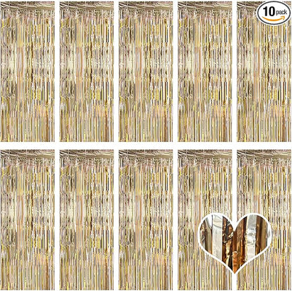 10 Pack Champagne Gold Backdrop Curtain 3.2ft x 8.2ft Metallic Tinsel Foil Fringe Curtains Photo Booth Background for Birthday Party Decoration Engagement Wedding Christmas Decor (Champagne Gold)