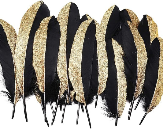 BABEYOND 42 Pcs 1920s Gatsby Gold Dipped Feather Natural Décor Glitter Feather for 20s Party Decoration Wedding Decoration (Black & Gold)
