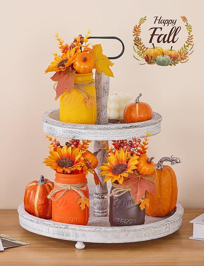 Mason Jar Fall Thanksgiving Centerpieces for Tables Fall Thanksgiving Table Decor, Flower, Wood Tray, Pumpkin Centerpieces Table Decorations for Home Indoor, 25 Pcs Autumn Kitchen Decor