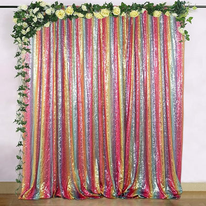 ShinyBeauty 7FTx7FT Glitter Rainbow Backdrop - Sequin Photo Studio Background for TikTok Videos Birthday Parties - Sparkling Shimmer Curtain