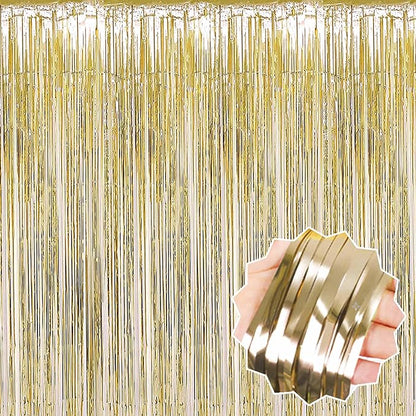 6 Pack Light Gold Foil Fringe Curtains Backdrop, 3.28 x 8.2 Ft Metallic Streamers Tinsel Curtains Background for Photo Booth, Birthday, Weddings, Carnivals, Graduation, Themed Party Decorations