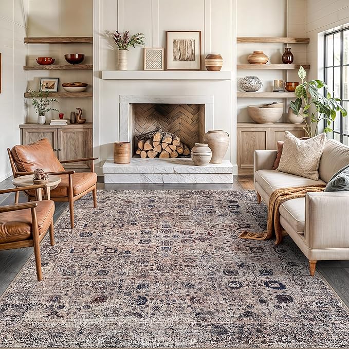 Bloom Rugs Washable Non-Slip 8' x 10' Rug - Light Tan/Blue Traditional Oriental Area Rug for Living Room, Bedroom, Dining Room, and Kitchen - Exact Size: 8' x 10'