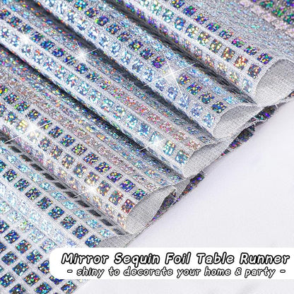 Durony 2 Pack Disco Table Runner 11 x 108 Inch Mirror Silver Laser Glitter Foil Cover With Sparkle Sequin for Bachelorette, 70s, Cowgirl Party Decorations
