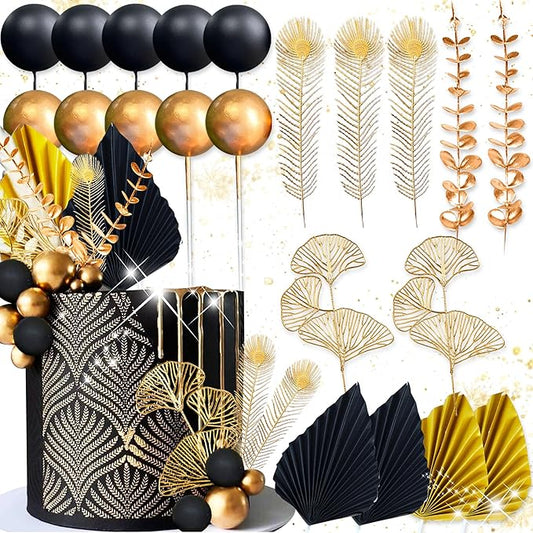 Boho Cake Topper Black Gold Balls Cake Topper Gold Leaves Cake Decorations Prom Cake Decoration Roaring 20s Cake Decoration 1920s Party Supplies Balls Cake Decorations