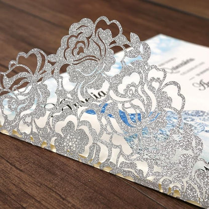 DORIS HOME 50pcs Laser Cut Quinceanera Invitation Pockets with Envelopes Silver Glitter, 5.12" x 7.12"Invitation Cards for Birthday, Miss 15, Sweet 16 (No Inserts Included)