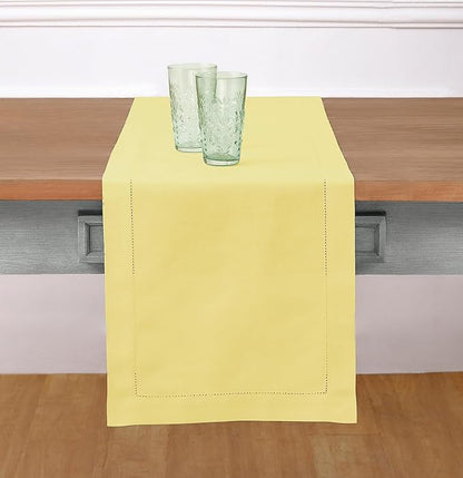 Solino Home Yellow Table Runner 48 Inches - Cotton Linen Hemstitch Coffee Table Runner 14 x 48 Inch Ideal for Dresser Tables