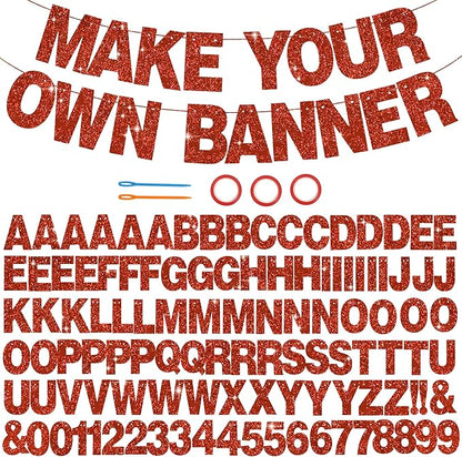 BEISHIDA 116 PCS A-Z Glitter Red DIY Letter Banner Kit Make Your Own Banner，Including 111 Letters and Numbers 3 Rope and 2 Threading Device,Customized for Birthday Graduation Wedding Party Decor