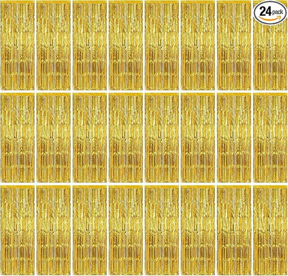 24 Pack Gold Metallic Foil Fringe Curtains, 3.2ft x 8.2ft Foil Fringe Curtain Backdrop Foil Streamers Party Supplies Tinsel Curtain Backdrop for Parties/Birthday/Halloween/Photo Booth