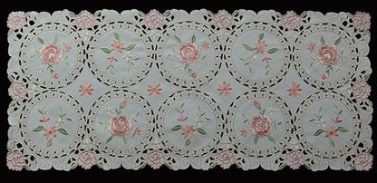 Creative Linens Embroidered Pink Rose Daisy Floral Table Runner Dresser Scarf 15x33 Ivory Spring