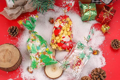 LOKIQNG 150PACK Christmas Cellophane Bags Treat Cookie Gift Bags with Twist Ties for Christmas Party Favors(150PACK, 5x10inch)