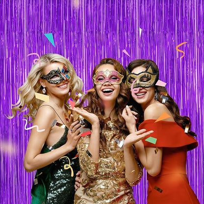 2 Pack Backdrop Curtains, 3.28 FT x 7.05 FT Purple Tinsel Backdrop, Metallic Purple Backdrop Fringe Curtains Foil Streamer, Party Supplies Photo Props for Anniversaires Wedding Party