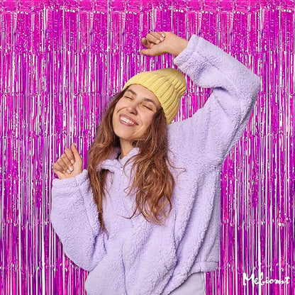 4 Pack Fuchsia Fringe Curtain Backdrop, 3.2Ft x 6.6Ft Metallic Tinsel Foil Fringe Streamers Curtains Background for Photo Booth Birthday Wedding Baby Shower Party Thanksgiving Christmas Decorations