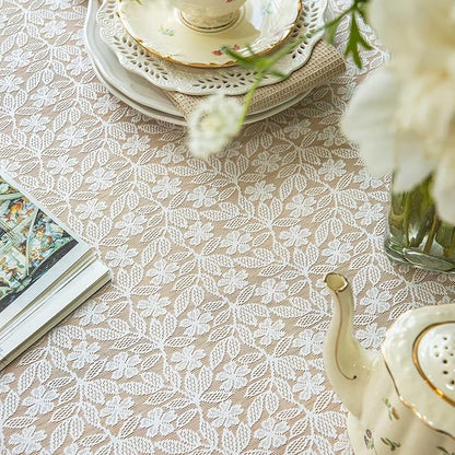 Lace Tablecloth Leaf Pattern Warp Knitting Fabric Solid White Rectangle/Oblong Table Cover for Kitchen Dining Farmhouse Wedding Party Decor Ivory, 55x102 Inch
