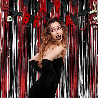 Black Red Party Streamers Backdrop - GREATRIL Foil Fringe Tinsel for Stranger/Friday Party/Halloween Party Decorations - 3.2ft X 8.2ft - 2 Packs